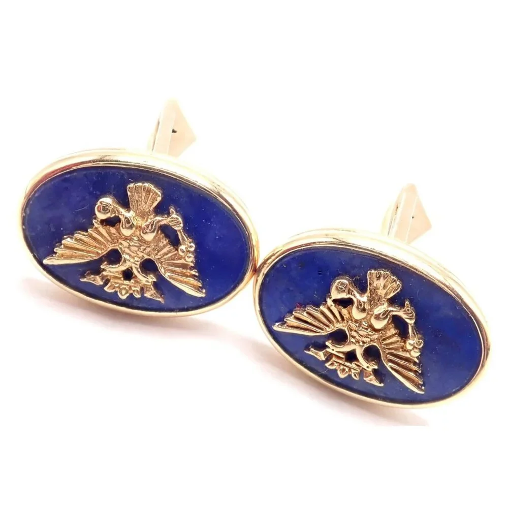 Authentic! Franklin Mint Faberge Imperial Eagle 14k Yellow Gold Lapis Cufflinks